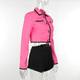 Shoulder Pads Clashing Color Short Jacket Two Piece Shorts Set FL-23549