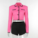 Shoulder Pads Clashing Color Short Jacket Two Piece Shorts Set FL-23549