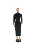 Solid Color Long Sleeve Zipper Hooded Maxi Dress YH-5314