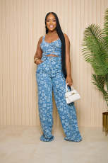 Sexy Denim Print Tank Tops And Pants Two Piece Set ZSD-0630