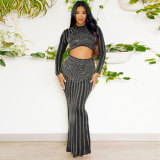 Long Sleeve Hot Drill Tight Tops And Fishtail Skirt 2 Piece Set NY-2856