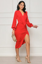 Long Sleeve V Neck Split Midi Dress XHXF-377