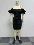 Solid Color One-Shoulder Pleated Mini Dress NY-10628