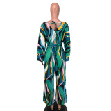 Print V Neck Tie Up Long Sleeve Jumpsuit NK-8631