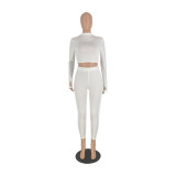 Solid Color Long Sleeve Tops Leggings Pants Two Piece Set YH-5182