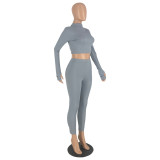 Solid Color Long Sleeve Tops Leggings Pants Two Piece Set YH-5182