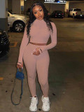 Solid Color Long Sleeve Tops Leggings Pants Two Piece Set YH-5182