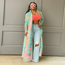 Plus Size Pleated Printed Trench Coat Long Jacket NNWF-10634