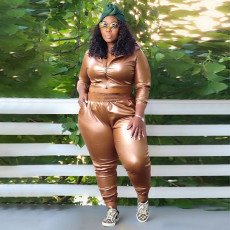 Plus Size Casual PU Leather Zipper Slim Two Piece Pants Set NNWF-7959