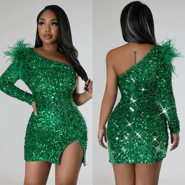 Fashion Single Shoulder Sequin Split Mini Dress BY-6719