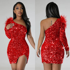 Fashion Single Shoulder Sequin Split Mini Dress BY-6719