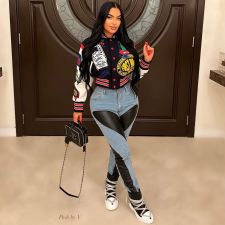 Fashion Print Long Sleeve Rib Patchwork Baseball Jacket YNSF-2618
