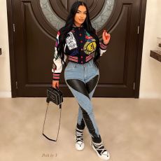 Fashion Print Long Sleeve Rib Patchwork Baseball Jacket YNSF-2618