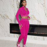 Long Sleeve Zip Tops And Pants Solid 2 Piece Set XEF-35960