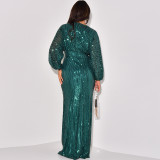 Sequin V Neck Long Sleeve Maxi Dress MUE-7995
