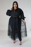 Plus Size Solid Bubble Sleeve Mesh Patchwork Maxi Dress OSM-4501