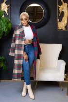 Plaid Color Blocking Long Sleeve Long Coat ZDF-31303