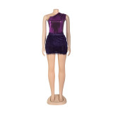 Sexy Slash Shoulder Solid Bodysuit And Mini Skirt 2 Piece Set AIL-AL238