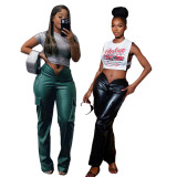 Fashion Deep V Solid Color PU Leather Pant MEM-88529