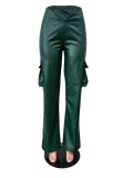 Fashion Deep V Solid Color PU Leather Pant MEM-88529