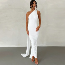 Sexy Backless Pleated Slim Solid Sleeveless Dress BLG-D3312176A
