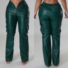 Fashion Deep V Solid Color PU Leather Pant MEM-88529