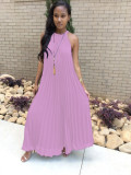Fashion Solid Color Sling Pleated Maxi Dress LS-0110