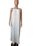 Fashion Solid Color Sling Pleated Maxi Dress LS-0110