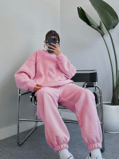 Solid Color O Neck Loose Sweatshirt Two Piece Pants Set SSNF-211346