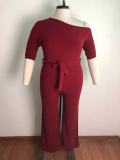Plus Size Solid Color Slash Shoulder Tie Up Jumpsuit OSM-5282