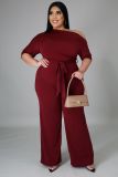 Plus Size Solid Color Slash Shoulder Tie Up Jumpsuit OSM-5282