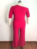 Plus Size Solid Color Slash Shoulder Tie Up Jumpsuit OSM-5282