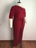 Plus Size Solid Color Slash Shoulder Tie Up Jumpsuit OSM-5282
