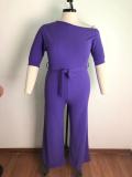 Plus Size Solid Color Slash Shoulder Tie Up Jumpsuit OSM-5282