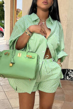 Fashion Stripe Long Sleeve Shirt Ang Short 2 Piece Set GYZY-8825