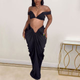 Sexy Wrap Chest And Pleated Long Skirt 2 Piece Set NY-10642