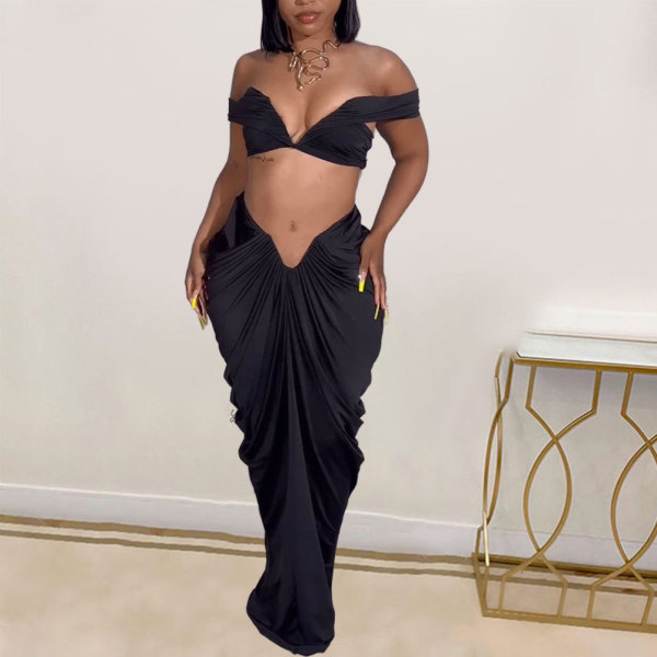 Sexy Wrap Chest And Pleated Long Skirt 2 Piece Set NY-10642