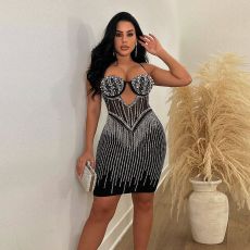 Plus Size Rhinestone Pearl Hollow Out Mini Dress NY-2883