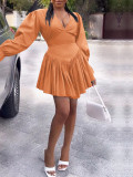 Pleated V-neck Ruffle Sleeve Mini Dress YH-5308