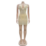 Solid Color Mesh Hot Rhinestone Feather Dress BY-6669