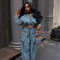 Vintage Zipper And Wide Leg Pants Denim 2 Piece Set  YMEF-51015