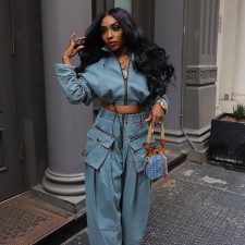 Vintage Zipper And Wide Leg Pants Denim 2 Piece Set  YMEF-51015