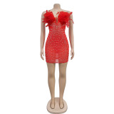 Solid Color Mesh Hot Rhinestone Feather Dress BY-6669