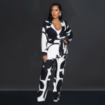 Printed Tie Up Blazer Long Sleeve Pants Two Piece Set BY-6707
