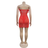 Solid Color Mesh Hot Rhinestone Feather Dress BY-6669