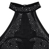 Mesh Solid Color Hot Drill Halter Dress BY-6703