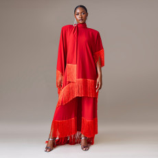Middle Eastern Scarf Collar Tassel Robe Wide Leg Pants Set MUE-7999