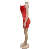Solid Color Mesh Hot Rhinestone Feather Dress BY-6669