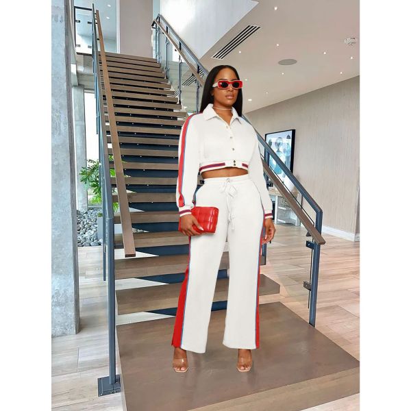 Striped Button Colorblock Split Pants Sport Suit YIBF-60186