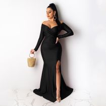 Solid Color V Neck Split Maxi Dress AIL-AL143